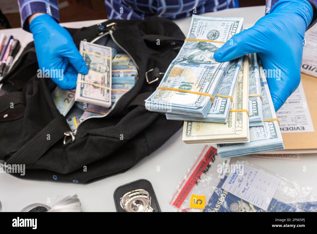 Specialised police officer Counting dollar banknotes in crime lab, conceptual image Stock Photo