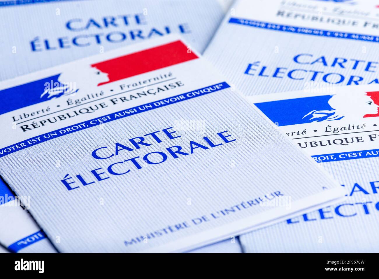 French electoral cards. Each French voter receives a card allowing them to vote in elections in France Stock Photo