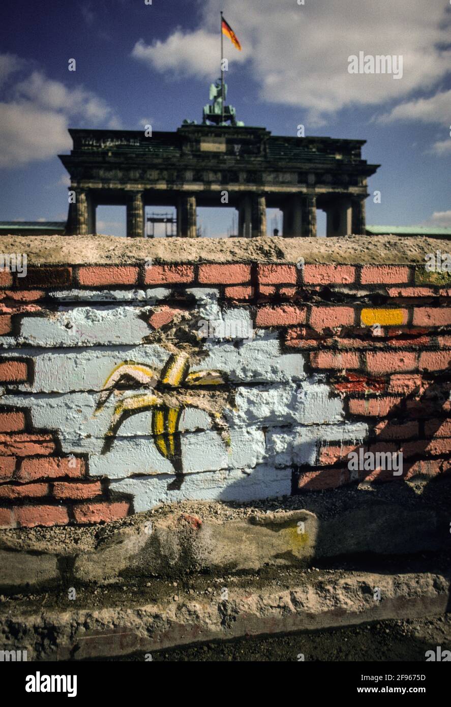 Grafitti of a banana at a section of the Berlin Wall in front of the