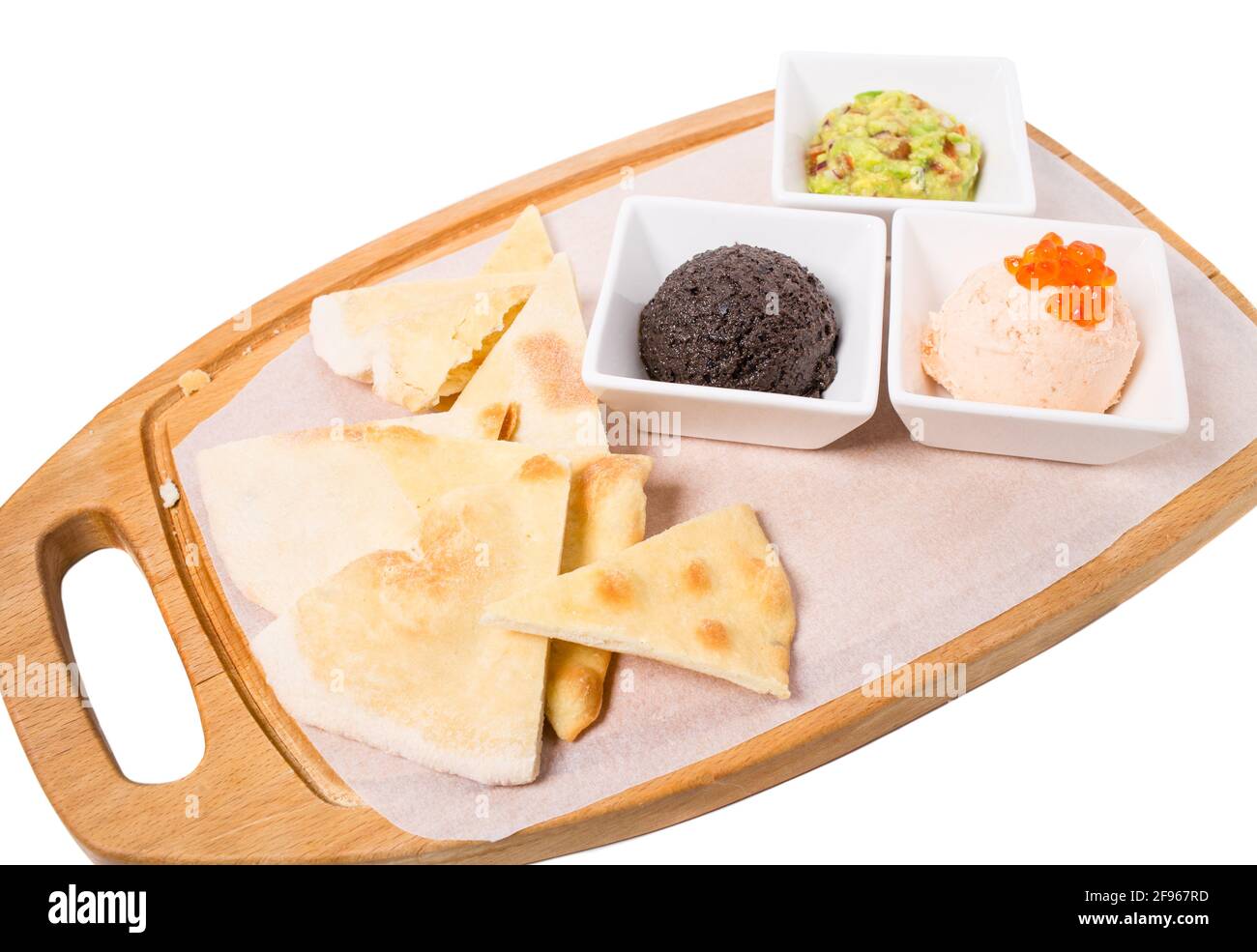 Spanish tapas platter with focaccia and three various pates in bowl.  Isolated on a white background Stock Photo - Alamy