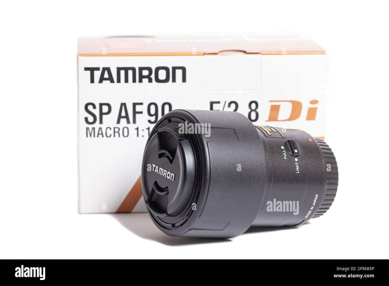 Moscow, Russia April 16,2021 Tamron SP AF 90mm f 2.8 Camera photo lens with box. Stock Photo