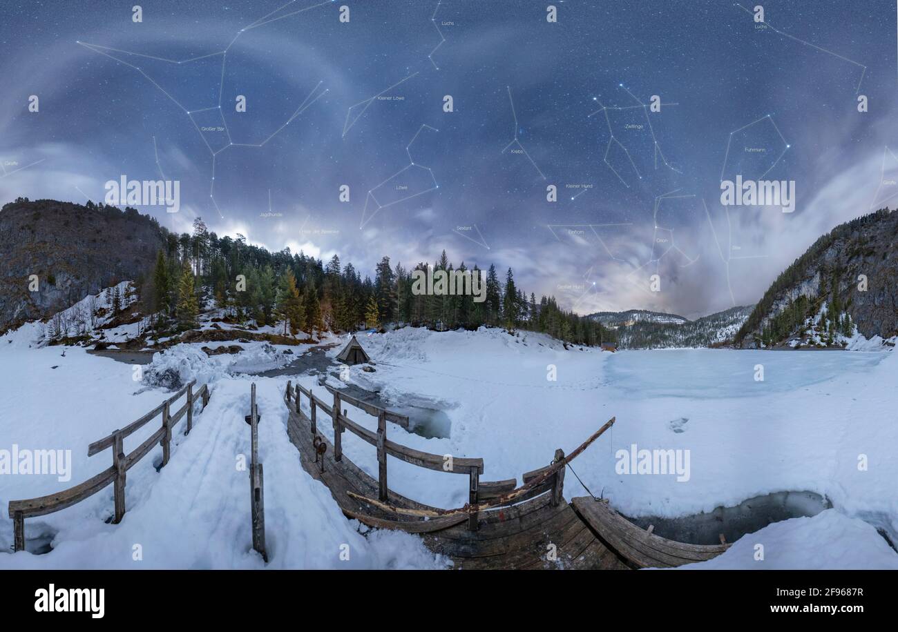 Nocturnal panorama at the Blindsee on the Fernpass with constellations and names Stock Photo