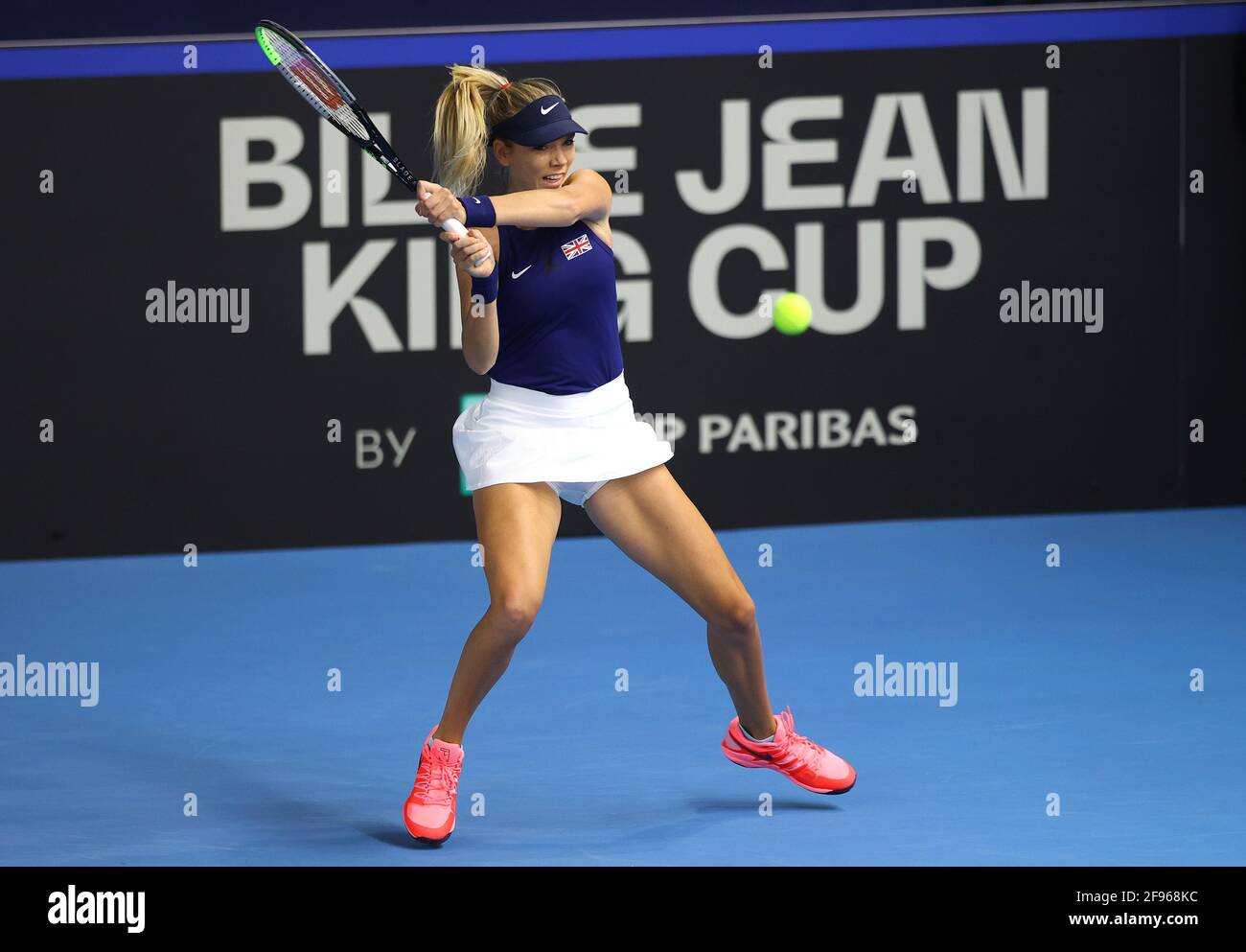 Great Britain's Katie Boulter in action during match one of the Billie Jean  King Cup Play-Offs between Great Britain and Mexico at National Tennis  Centre, London. Issue date: Friday April 16, 2021