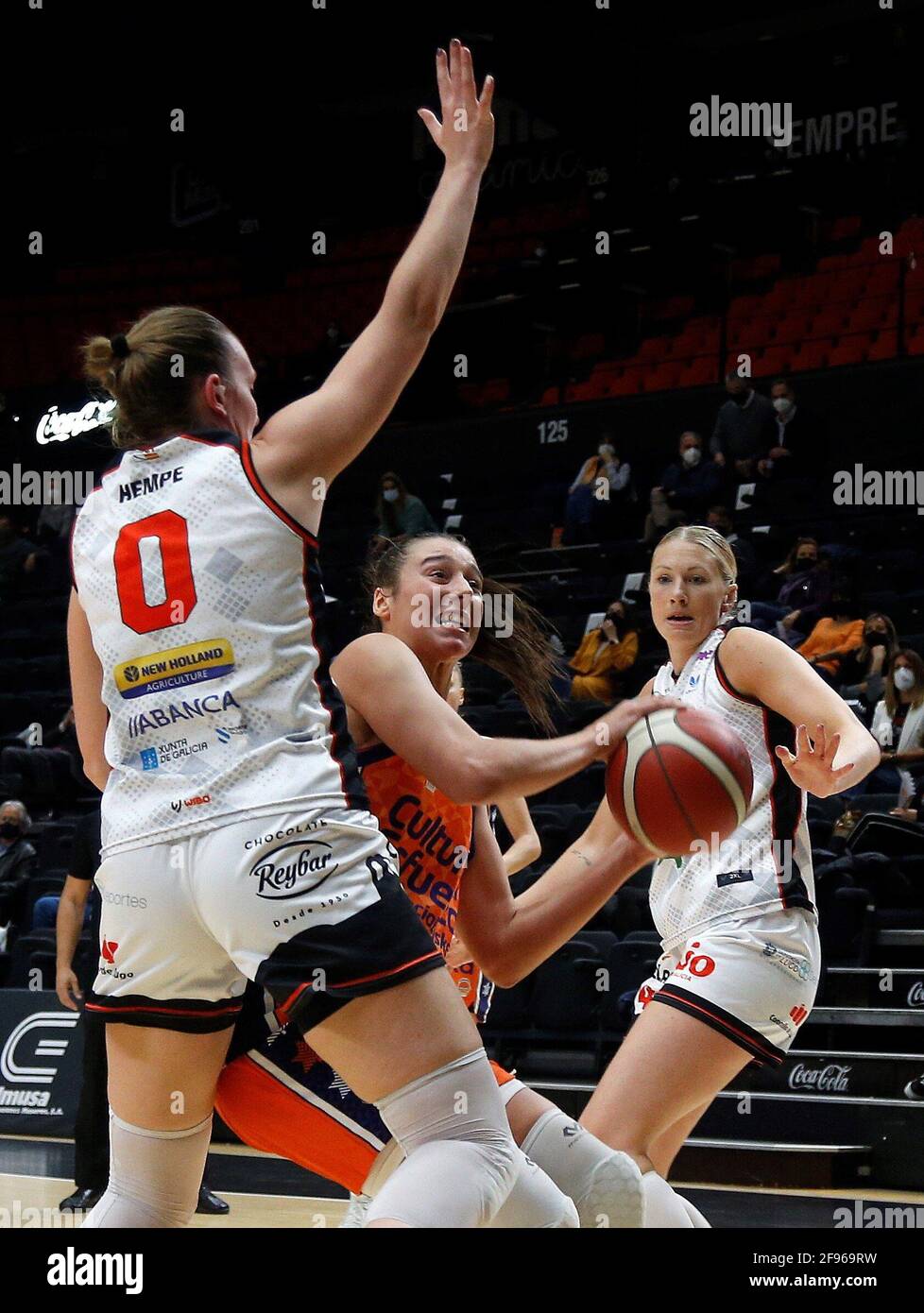 Valencia Basket's player Raquel Carrera (C) in action during the basketball  game against Duran Maquinaria Ensino at Fuente de San Luis pavilion, in  Valencia, eastern Spain, 16 April 2021. Carrera was drafted
