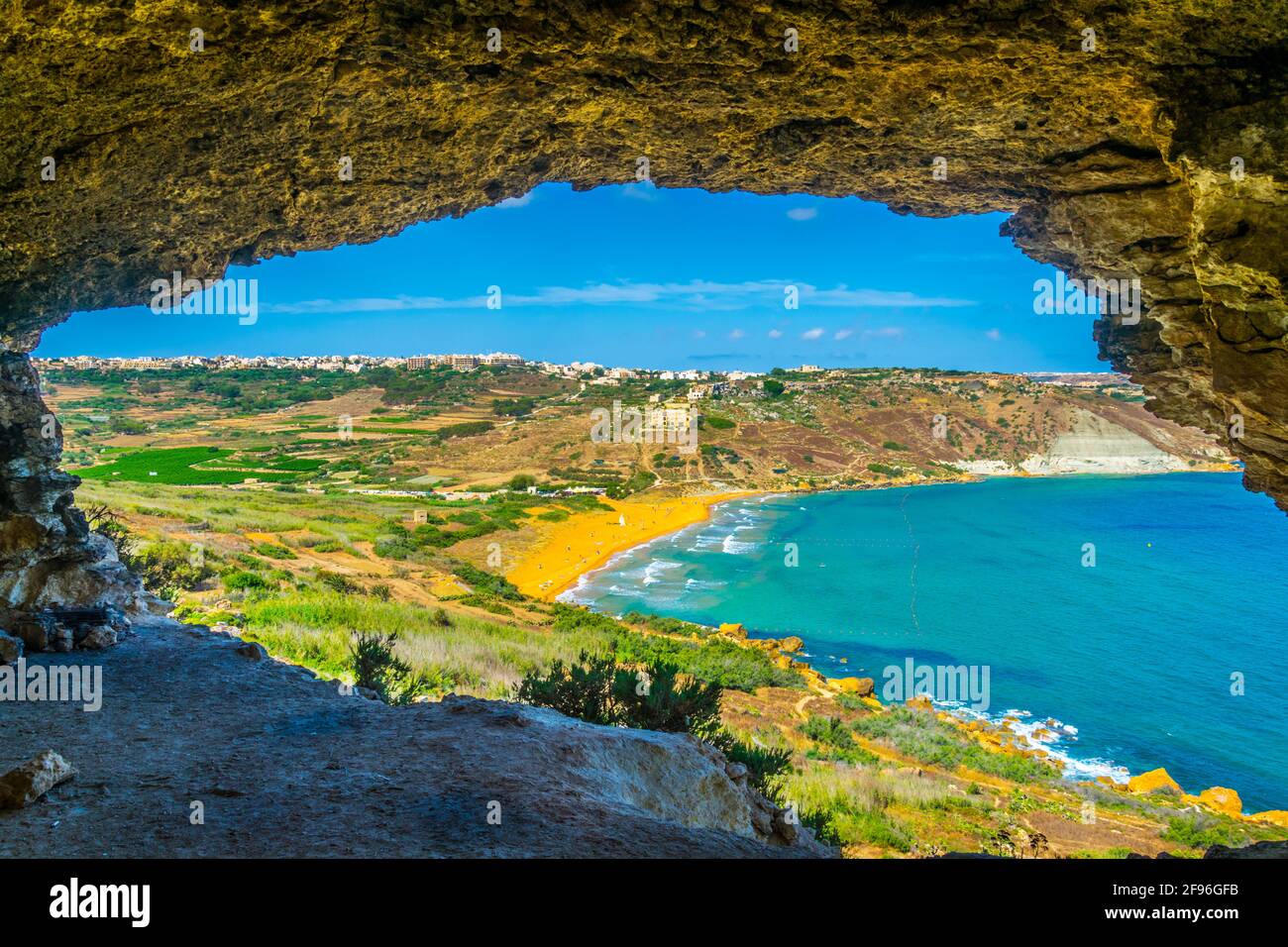 Aerial view of Ir-Ramla bay at Gozo through Tal-Mixta Cave, Malta Stock Photo