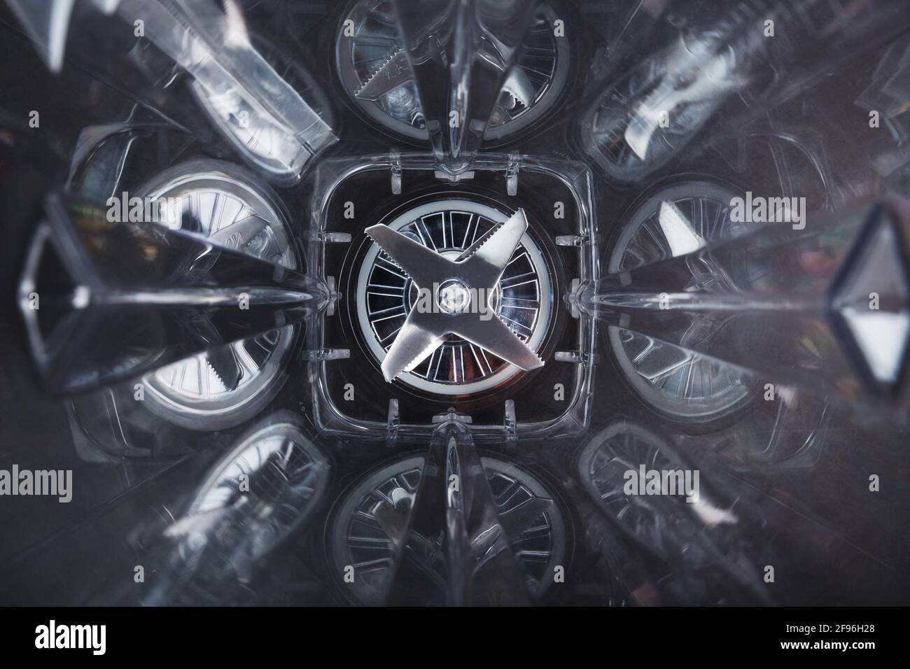 Inside the space of the blender glass and sharp stainless steel blades in  the center. Inside view, full screen. Conceptual perspective Stock Photo -  Alamy