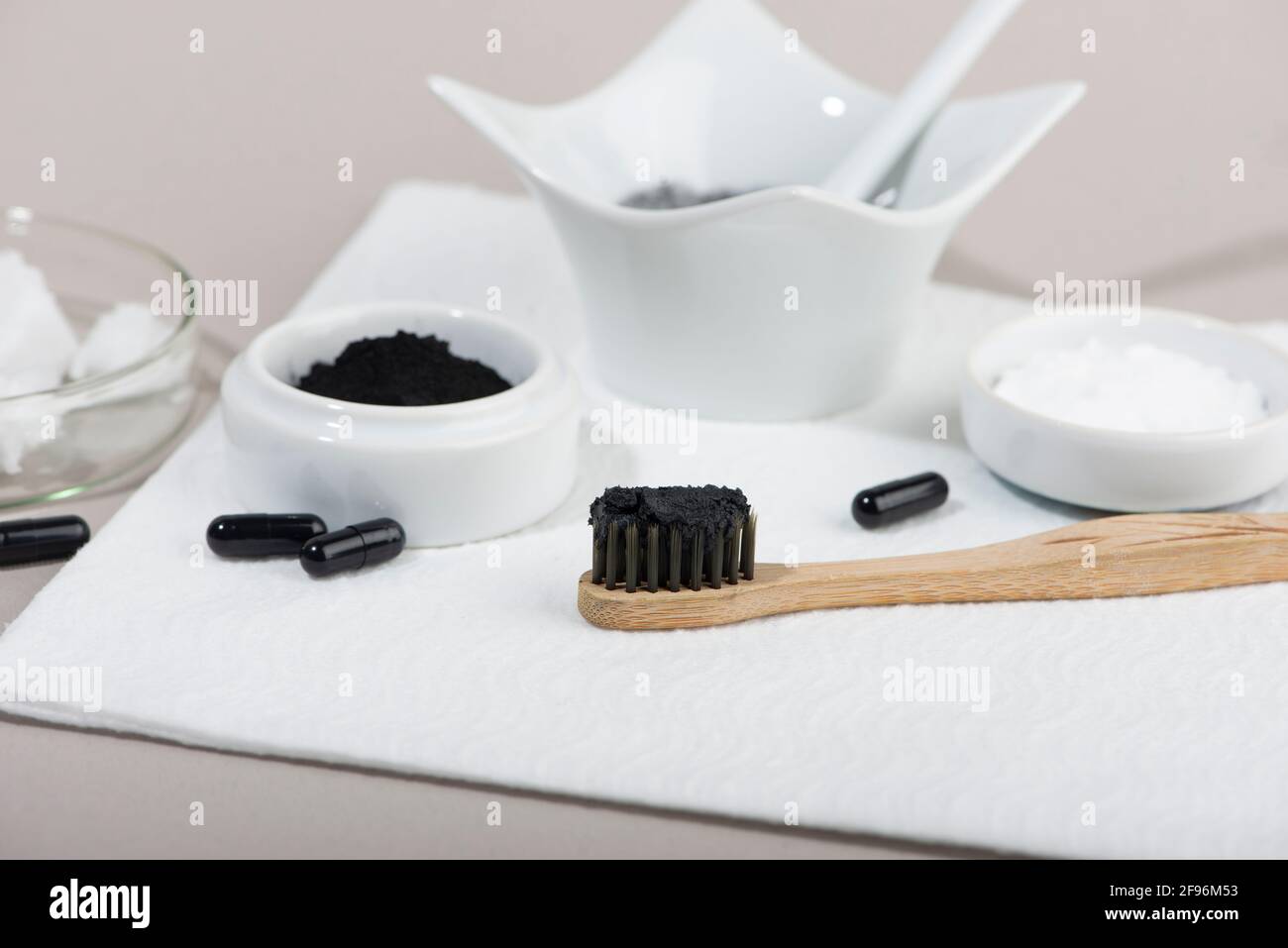 Homemade charcoal powder Toothpaste. Home beauty concept. Close up. Stock Photo
