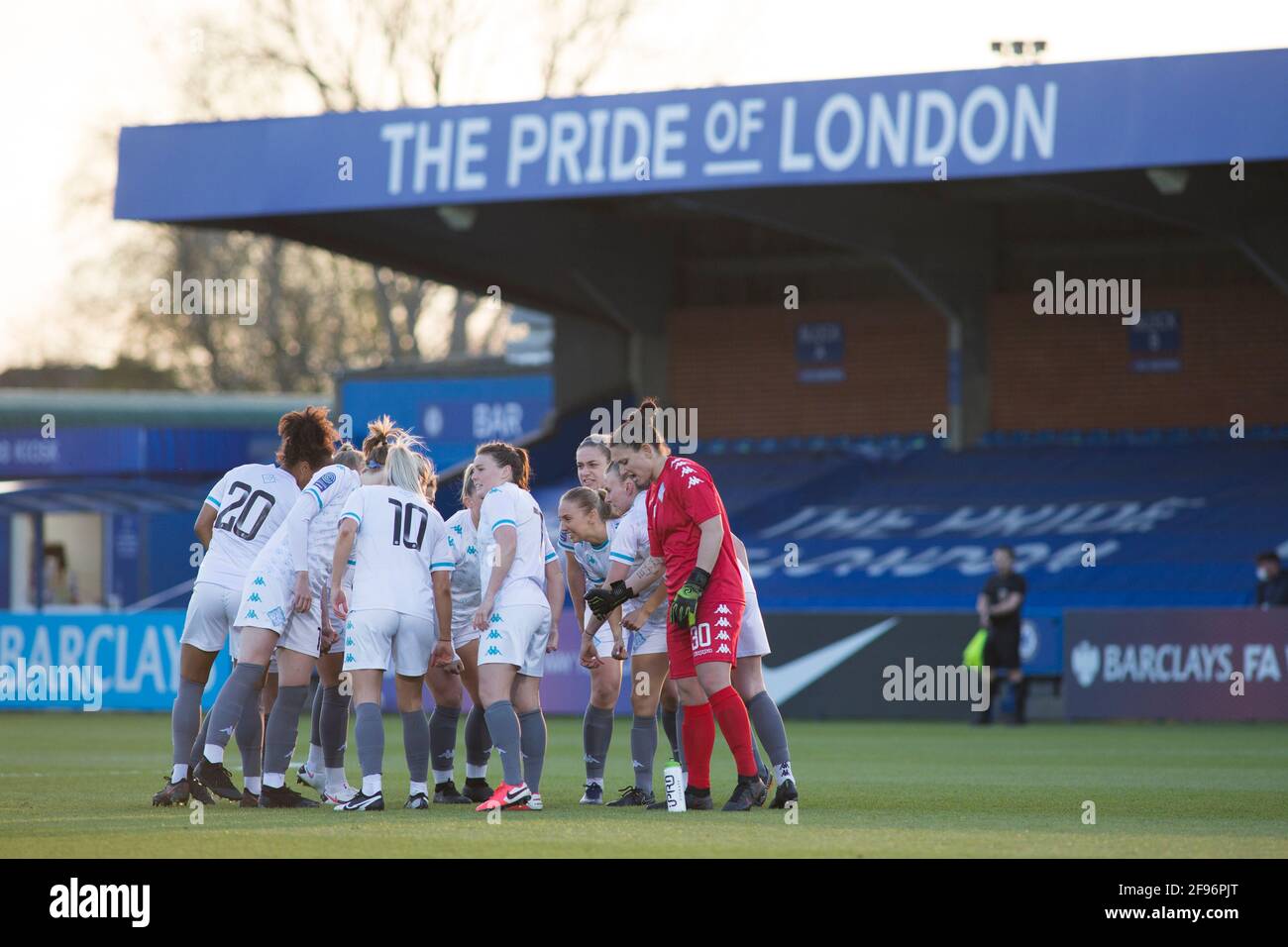 LONDON, UK. APRIL 16TH :  London City gestures during the 2020-21 FA Women’s Cup fixture between Chelsea FC and London City at Kingsmeadow. Stock Photo