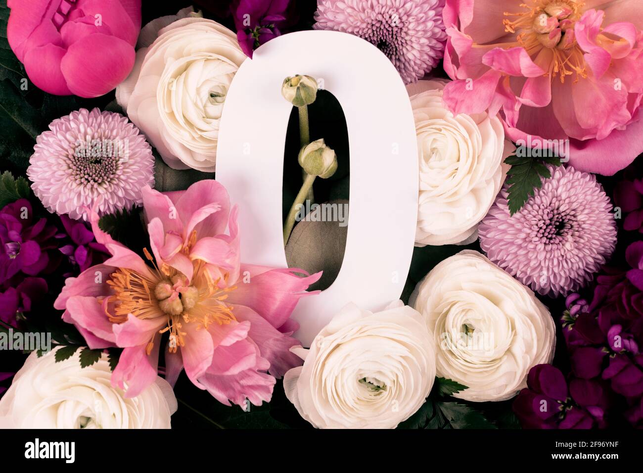 Layout with colorful flowers, leaves and number zero. Chrysanthemum Momoko, Peony, Matthiola, Ranunculus flowers background. Greeting card. Trendy bac Stock Photo