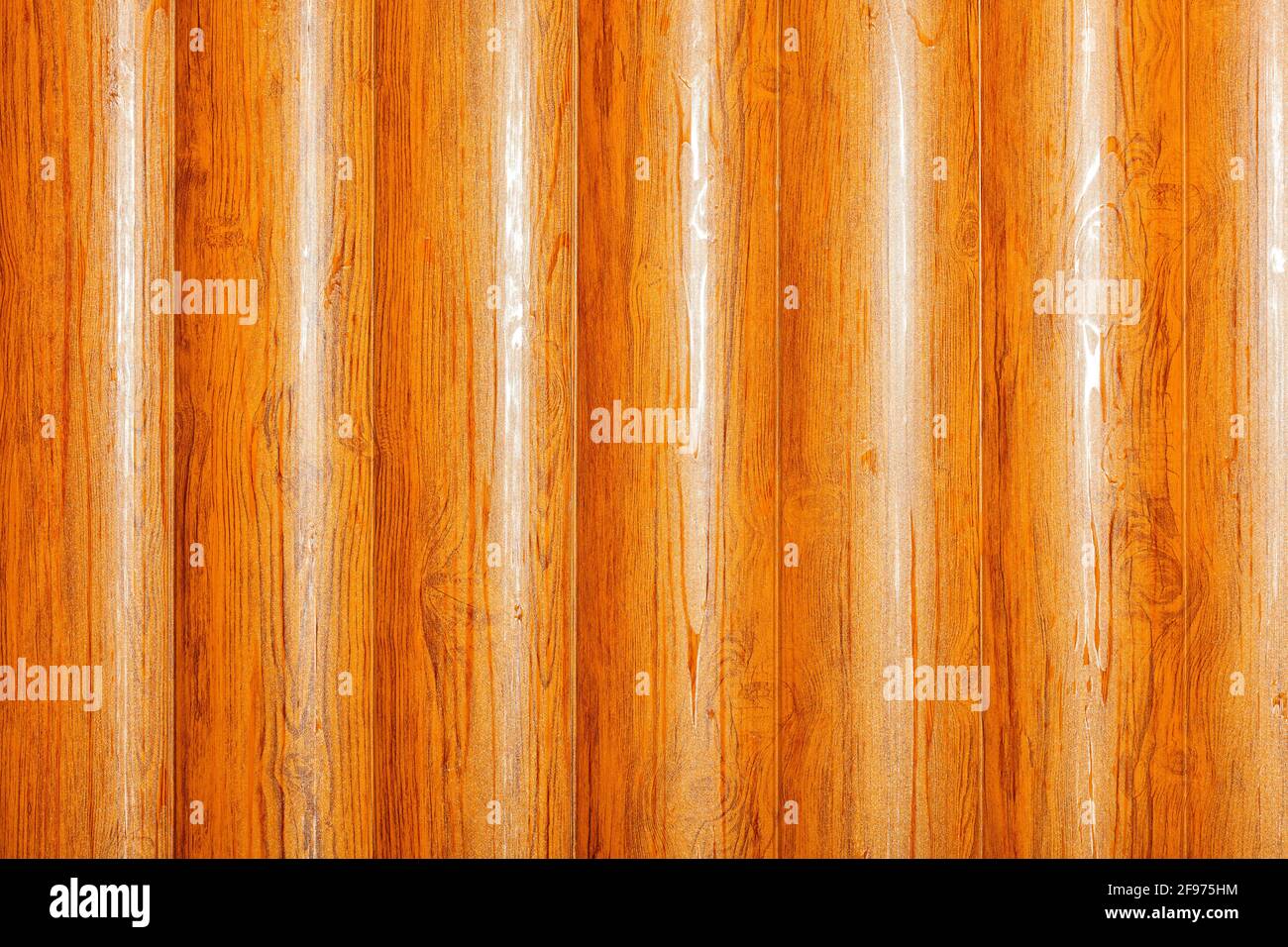 The texture of a row of logs, upright, orange-lacquered wooden trunks pressed tightly against each other, with direct overhead lighting. Stock Photo