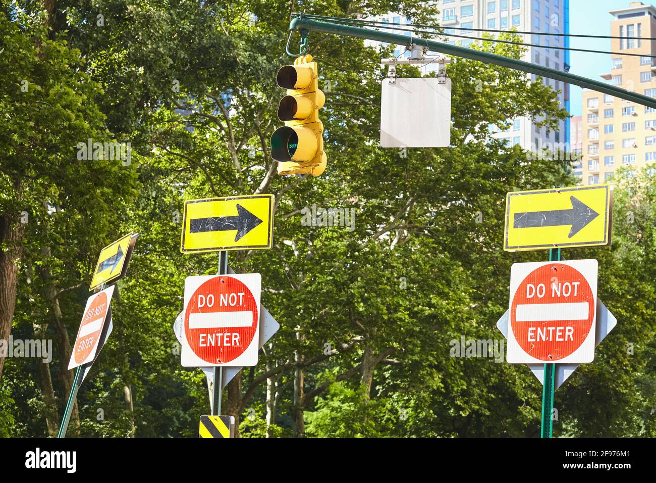 Do not enter traffic signs by the Central Park, selective focus, New York City, USA. Stock Photo