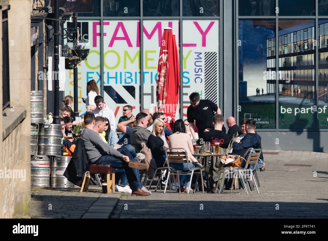 Barnsley - People enjoying first Friday out, end of lockdown at outdoor pub in the city centre in Barnsley. End of lockdown. Stock Photo