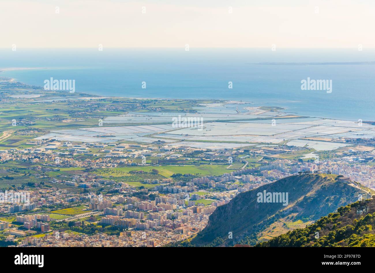 Aerial view of salinas of Trapani on Sicily, Italy Stock Photo