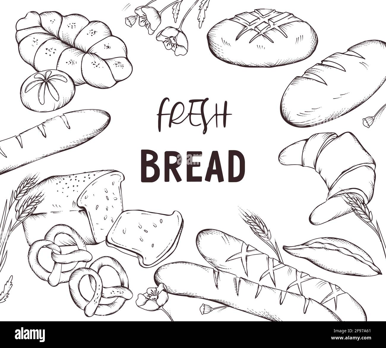 Fresh bread banner or poster design with hand drawn image of bakery production. vector. Stock Vector