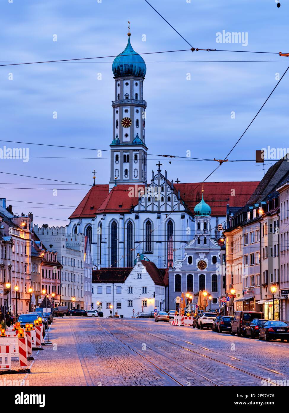 View from Maximilianstrasse to the St Ulrich basilica and the parish churches of St Ulrich and St Anna Stock Photo