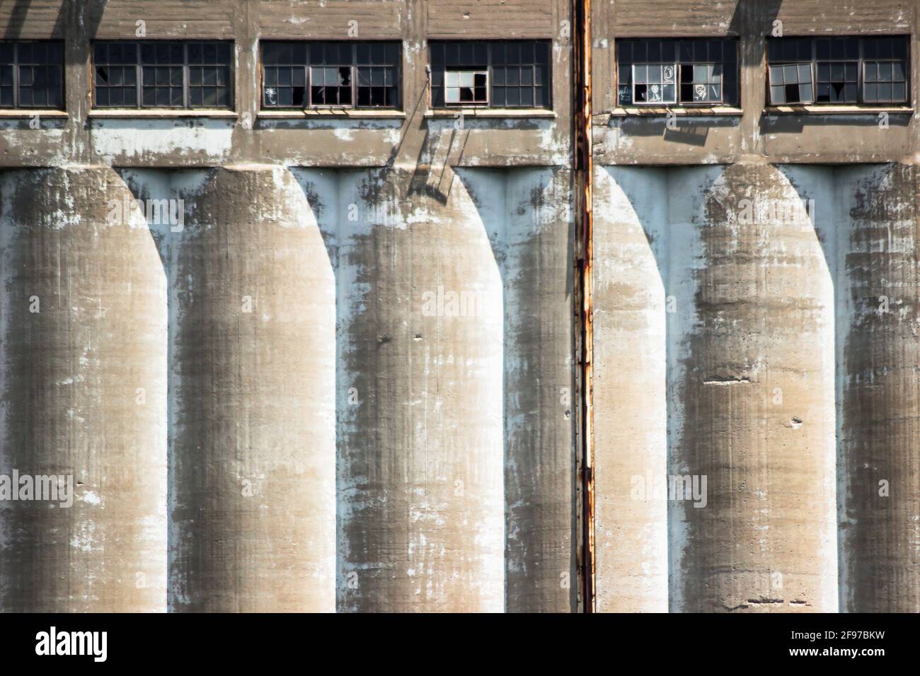 Details of a section of the old and abandoned grain silo, known just as Silo No. 5, near Farine Five Roses, in Montreal's Old Port. Montreal, Quebec, Stock Photo
