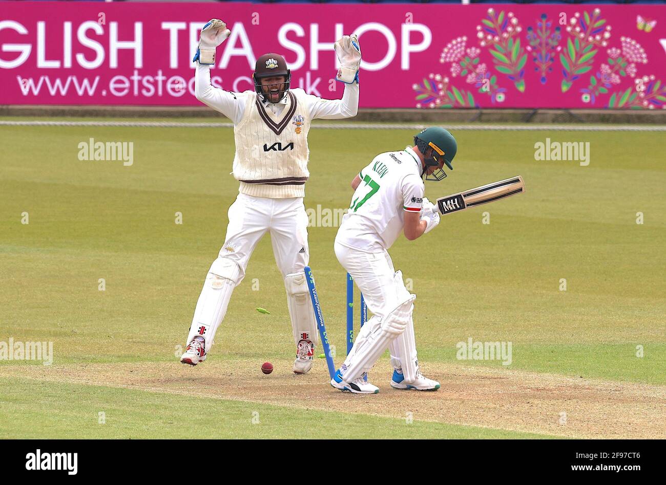 16 April, 2021. London, UK. Surrey’s Amar Virdi bowls Dieter Klein as Surrey take on Leicestershire in  the County Championship at the Kia Oval, day two. David Rowe/Alamy Live News Stock Photo