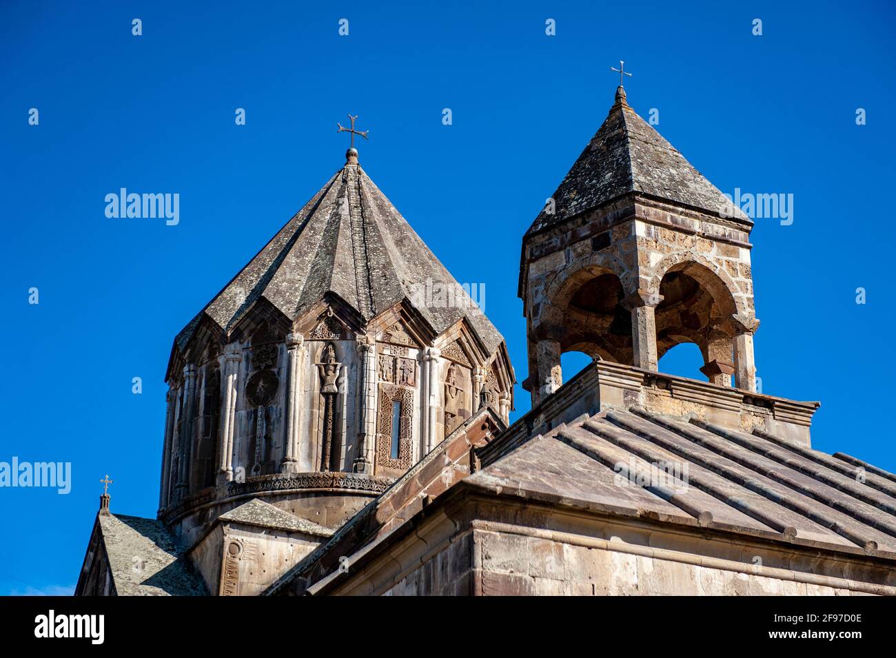 The dome and the bell tower of the Saint John the Baptist church of Gandzasar monastery in Nagorno Karabakh (Artsakh) Republic Stock Photo