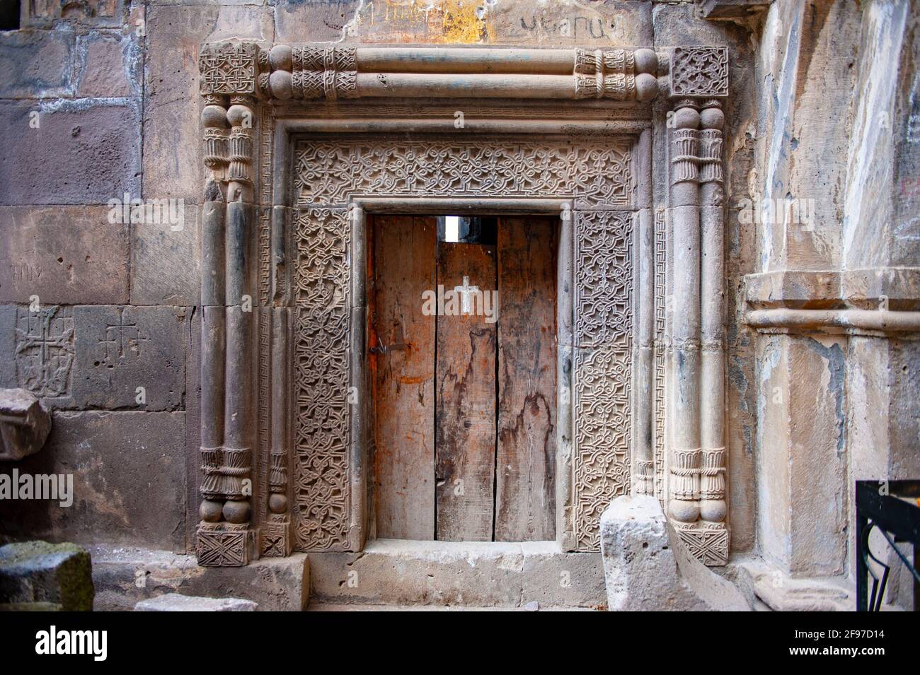 Beautiful ornate church entrance at the medieval Kobayr monastery in Debed canyon, Lori, Armenia Stock Photo