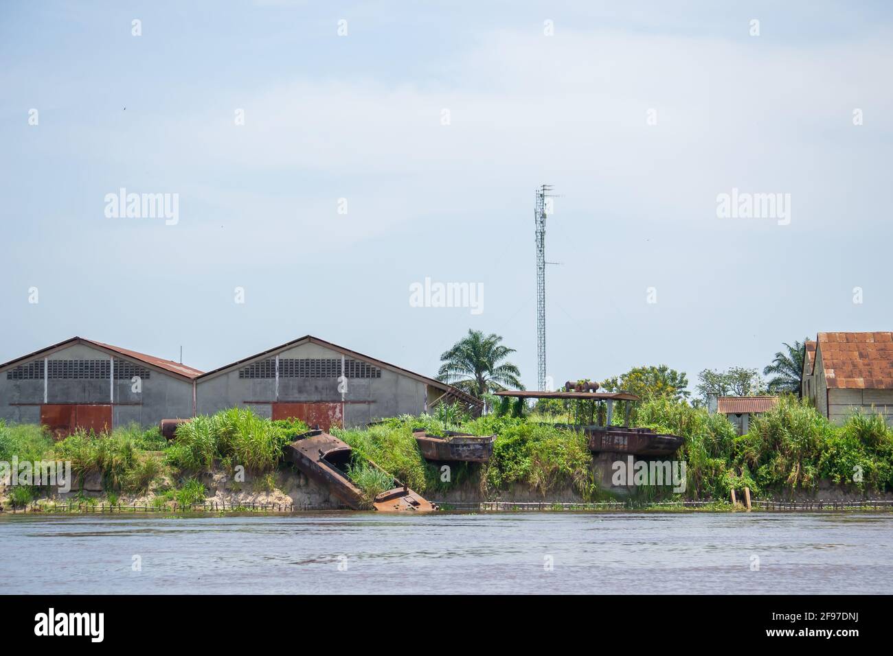 DRC: just some of the remnants of Bumba's recently functioning harbour, now quickly decaying in the punishing tropical conditions. Stock Photo
