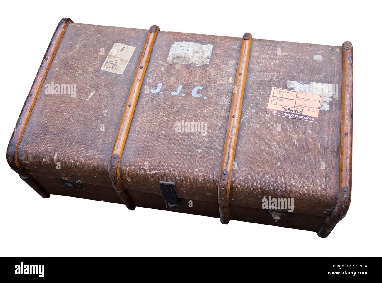 Classic luggage trunk with stickers that has been used for rail delivery in the 1970s, UK Stock Photo