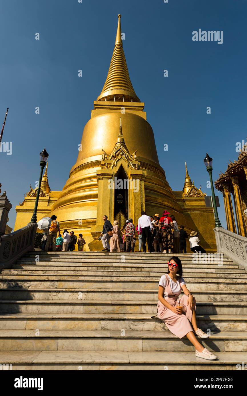 Thailand, Bangkok, scenes at Wat Phra Keo temple, stairs, tourists, Stock Photo