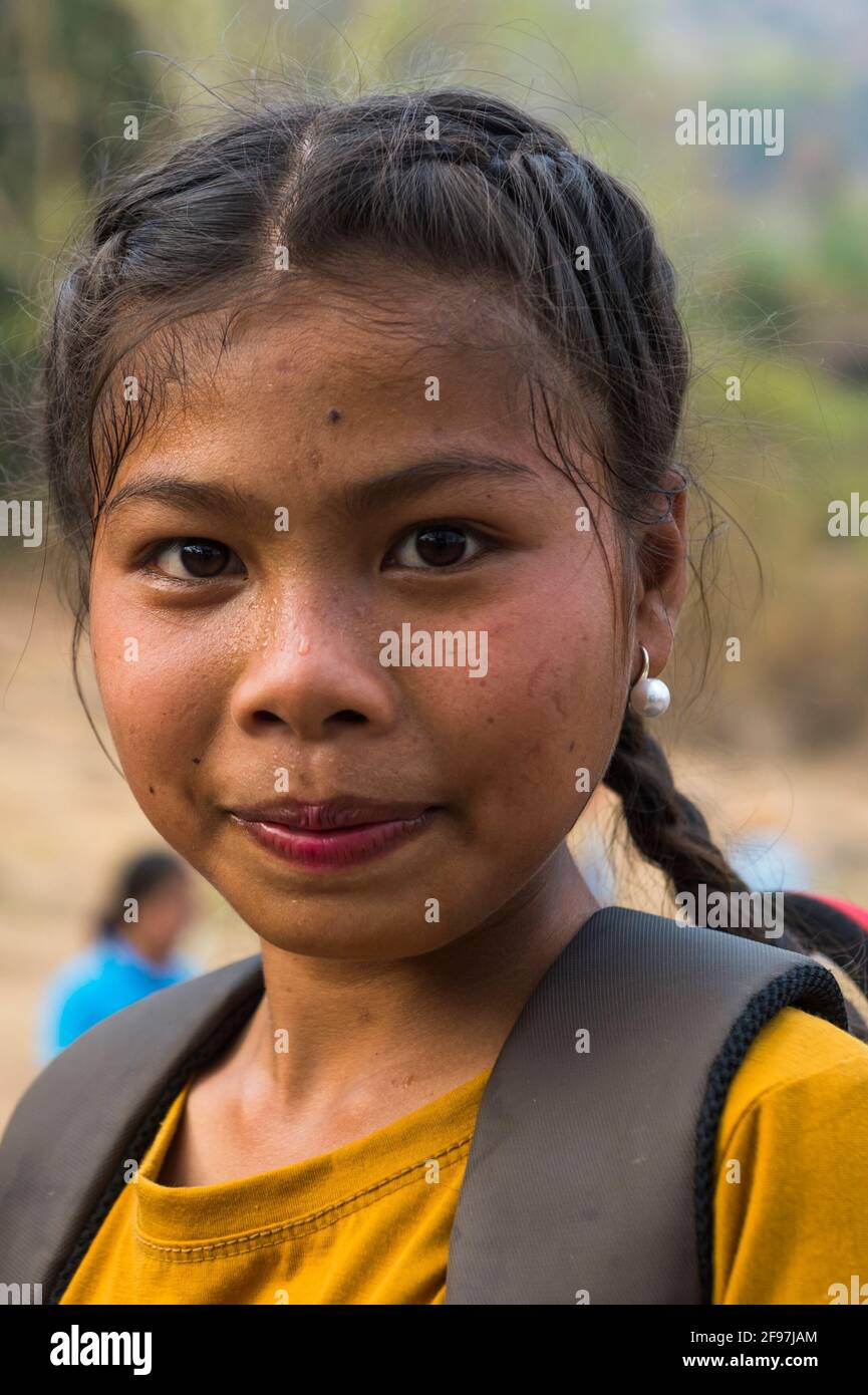 Laos, Champasak, scenes in the temple Vat Phou, girl, portrait, Stock Photo