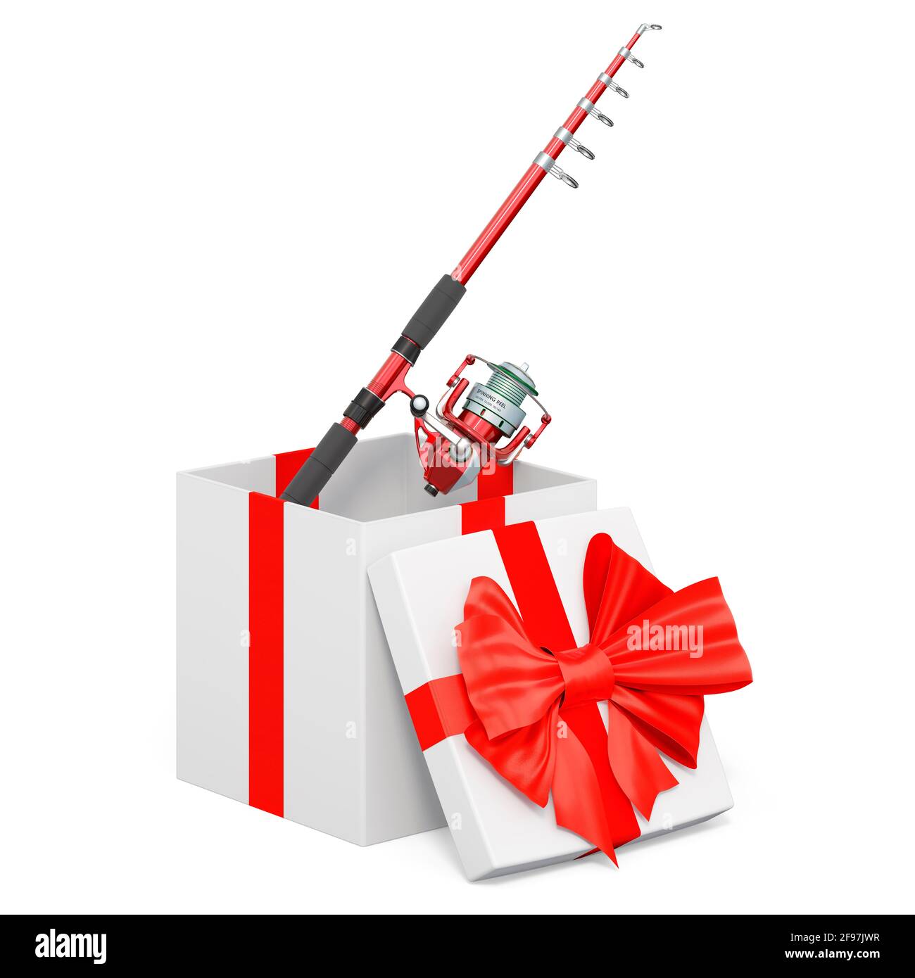 Fishing rod inside gift box, present concept. 3D rendering