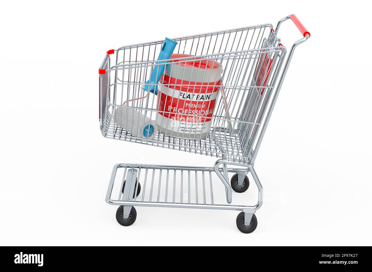 Shopping cart with paint can and roller brush, construction building