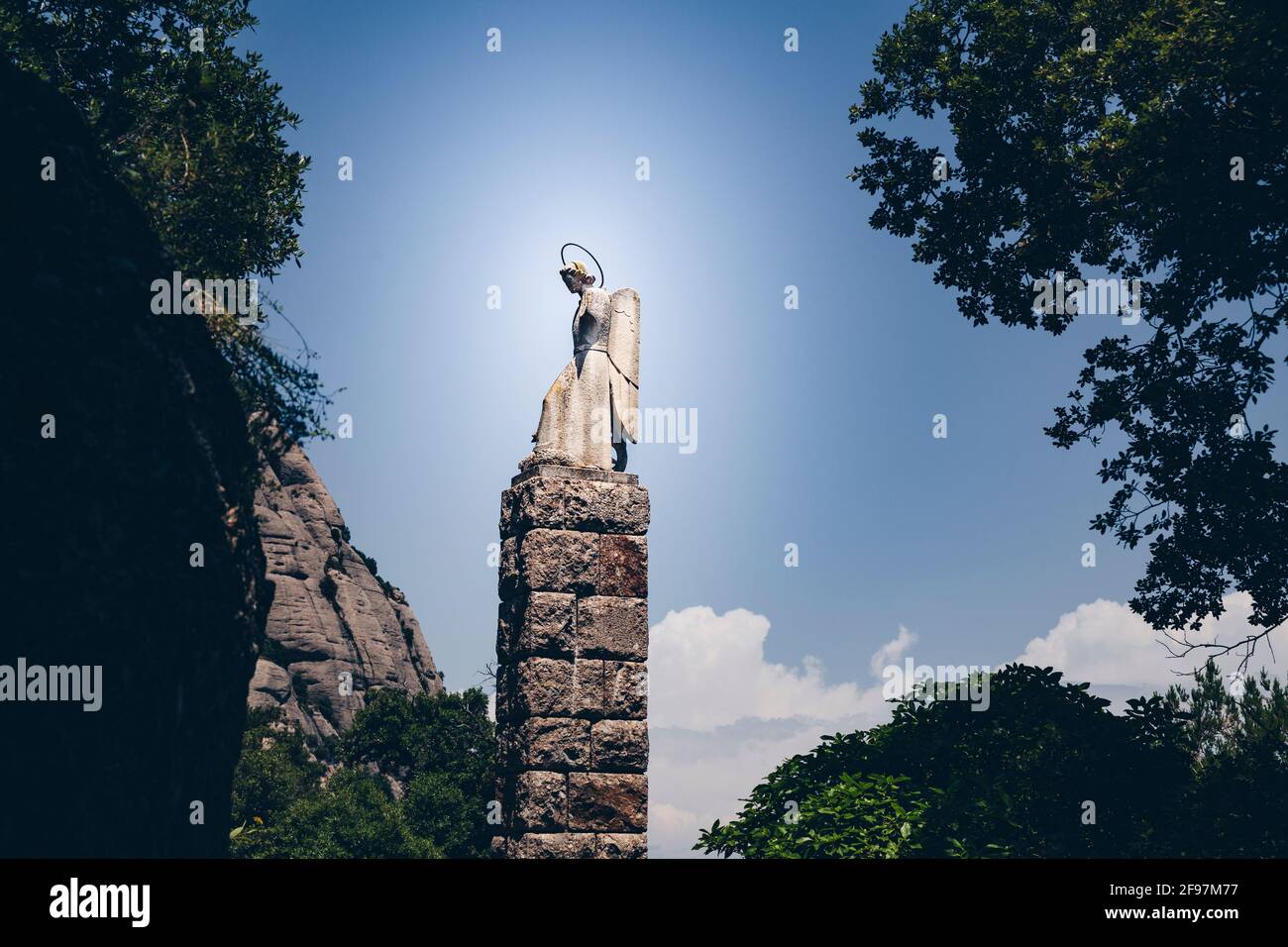 Statue of Santa Maria at the monastery Montserrat in Monistrol - regular there are 10.000 people a day - during Corona there were only around 40 people in the whole area. Catalonia, Spain Stock Photo