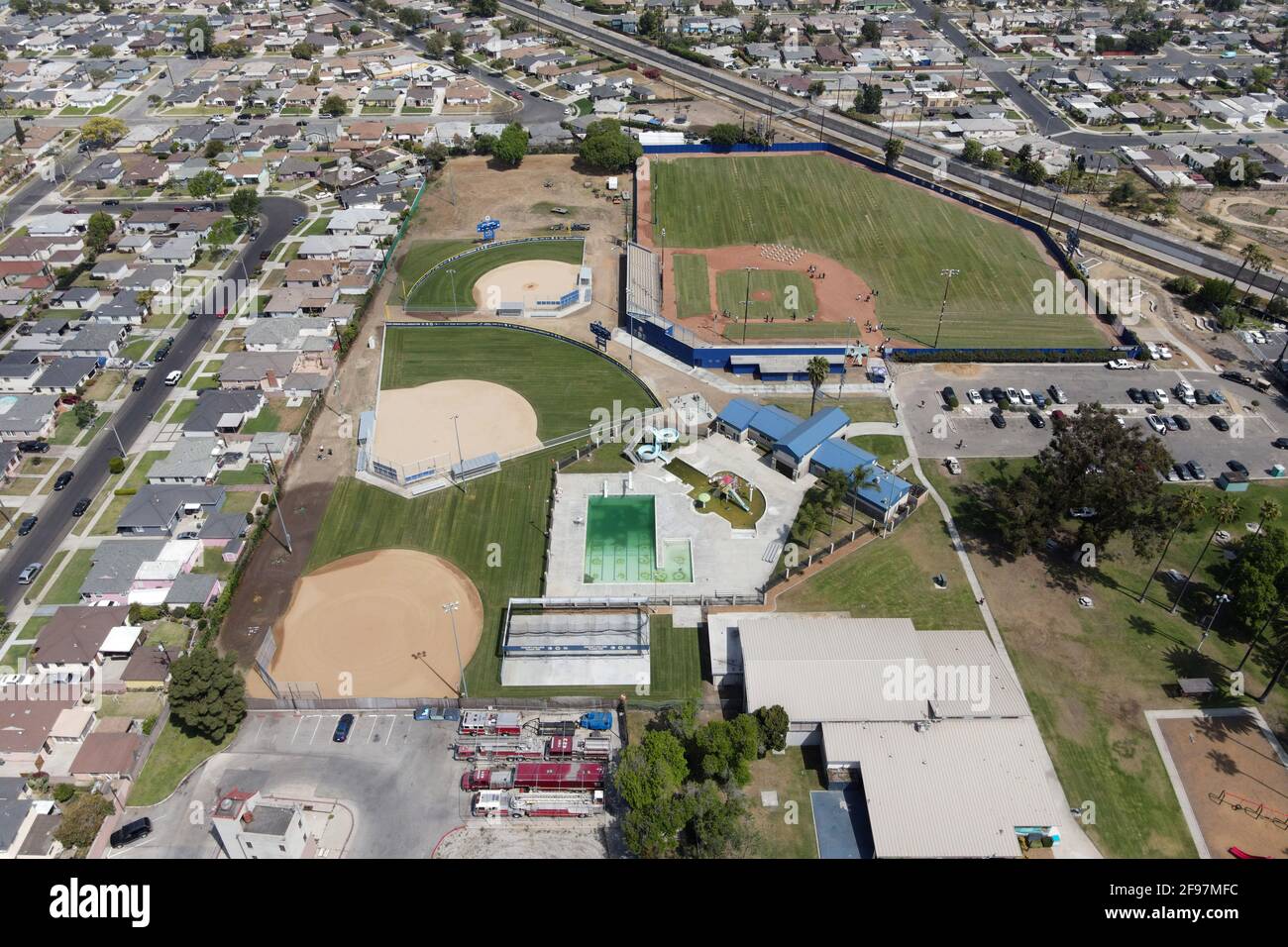 An aerial view of Phase 1 completion of Los Angeles Dodgers Dreamfields project at Gonzales Park on Jackie Robinson Day, Thursday, April 15, 2021, in Stock Photo