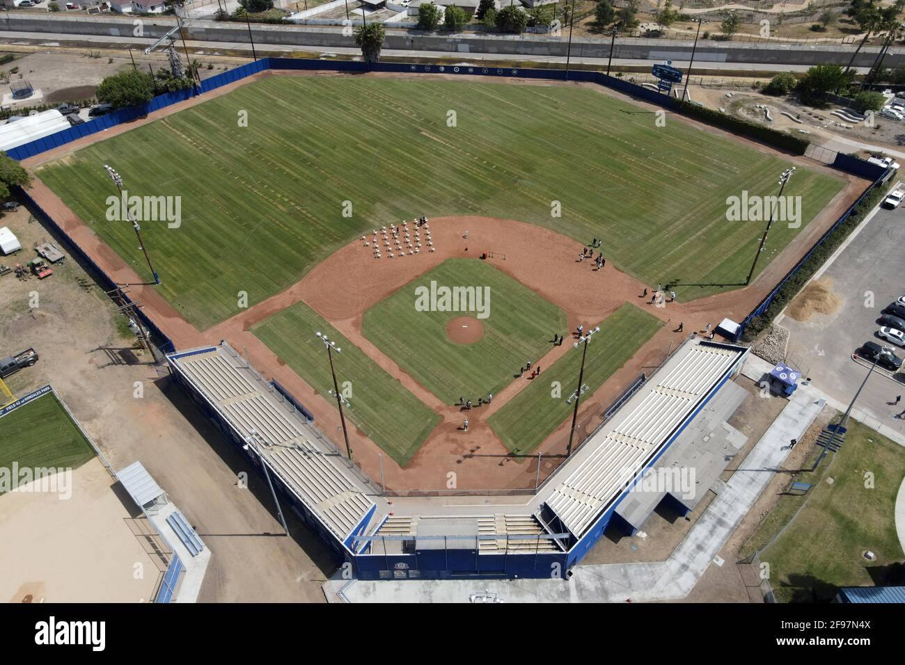 An aerial view of Phase 1 completion of Los Angeles Dodgers Dreamfields project at Gonzales Park on Jackie Robinson Day, Thursday, April 15, 2021, in Stock Photo