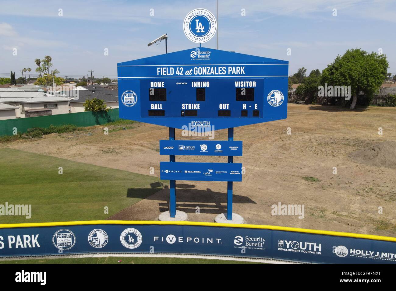 A general view of scoreboard at Field 42 at Los Angeles Dodgers Dreamfields project at Gonzales Park on Jackie Robinson Day, Thursday, April 15, 2021, Stock Photo