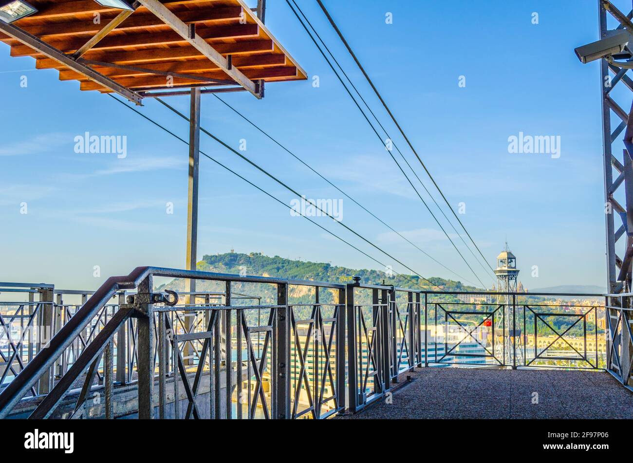 View of the cable car connecting barceloneta beach and montjuic hill in ...