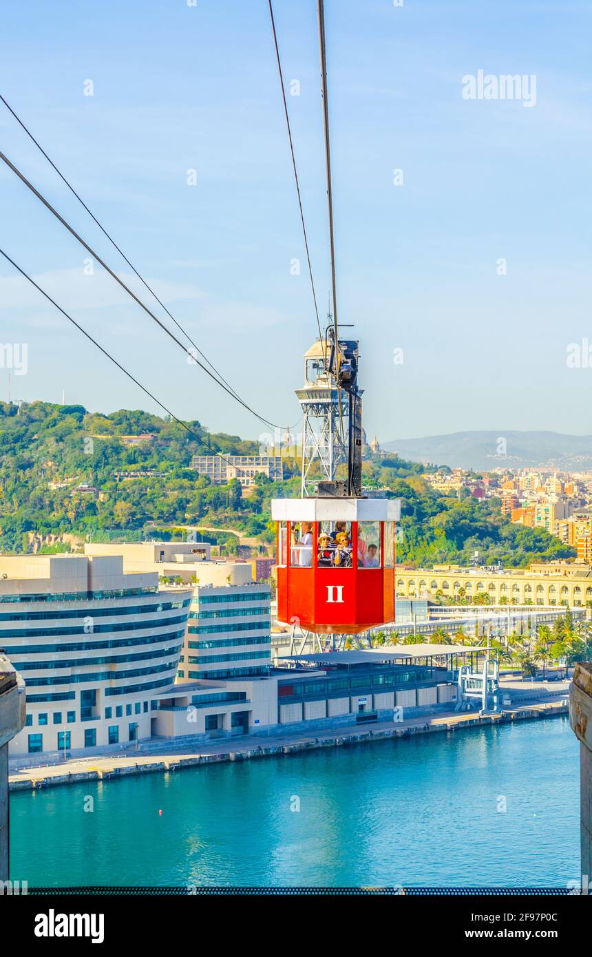 View of the cable car connecting barceloneta beach and montjuic hill in ...