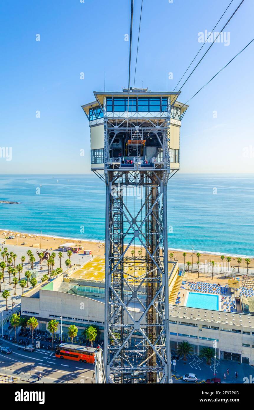 View of the cable car connecting barceloneta beach and montjuic hill in ...
