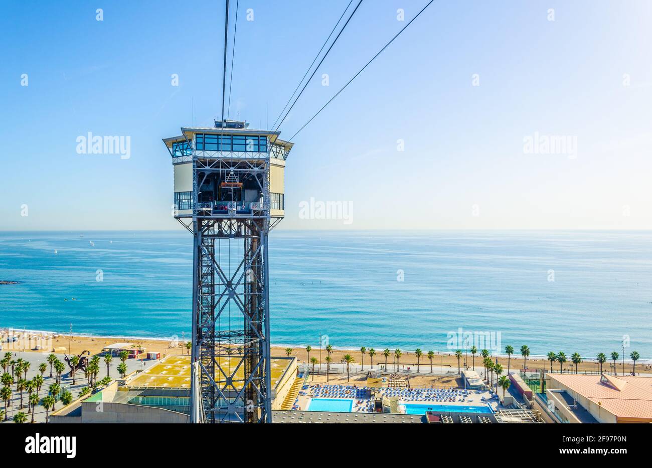 View of the cable car connecting barceloneta beach and montjuic hill in ...