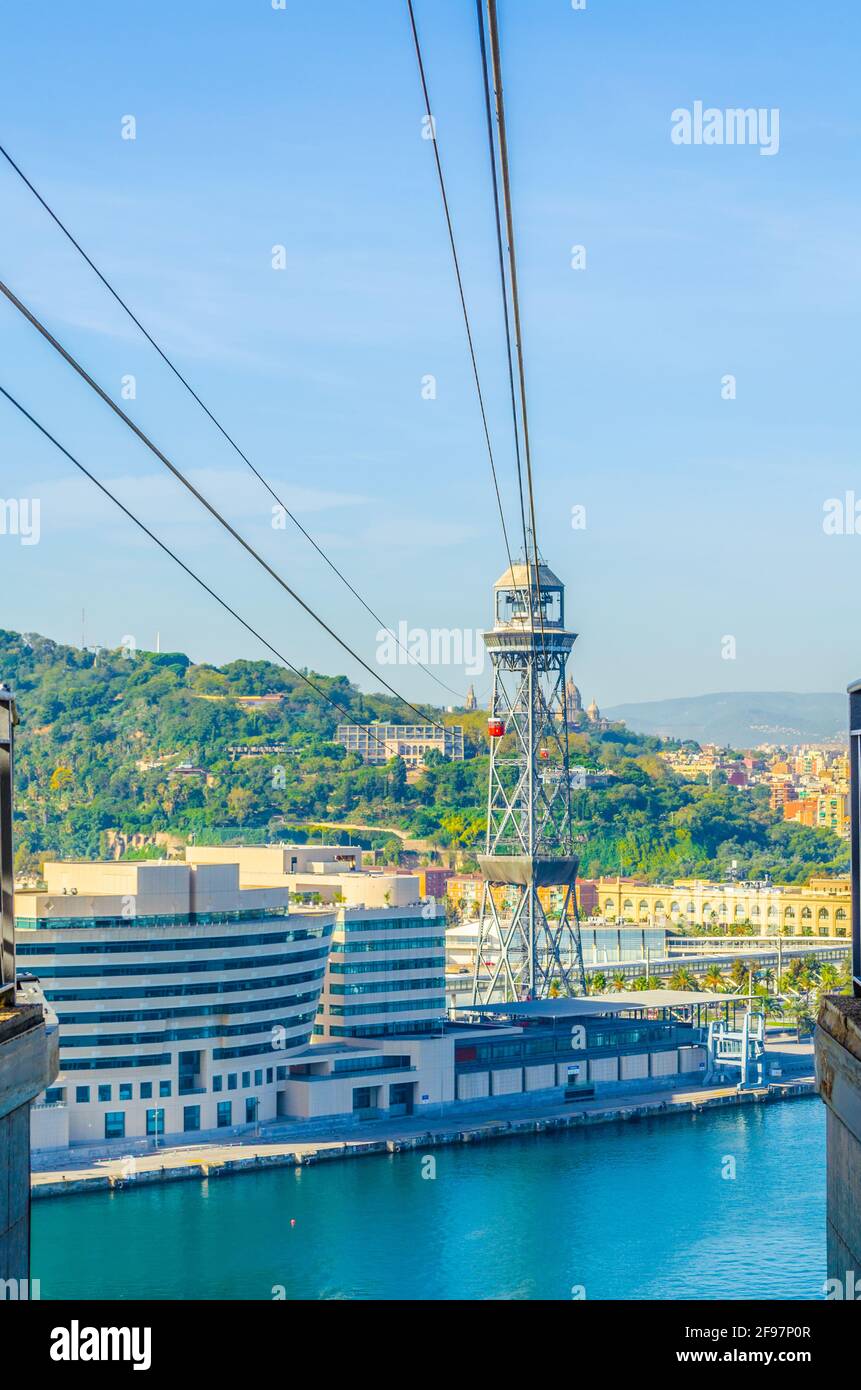 View of the cable car connecting barceloneta beach and montjuic hill in ...
