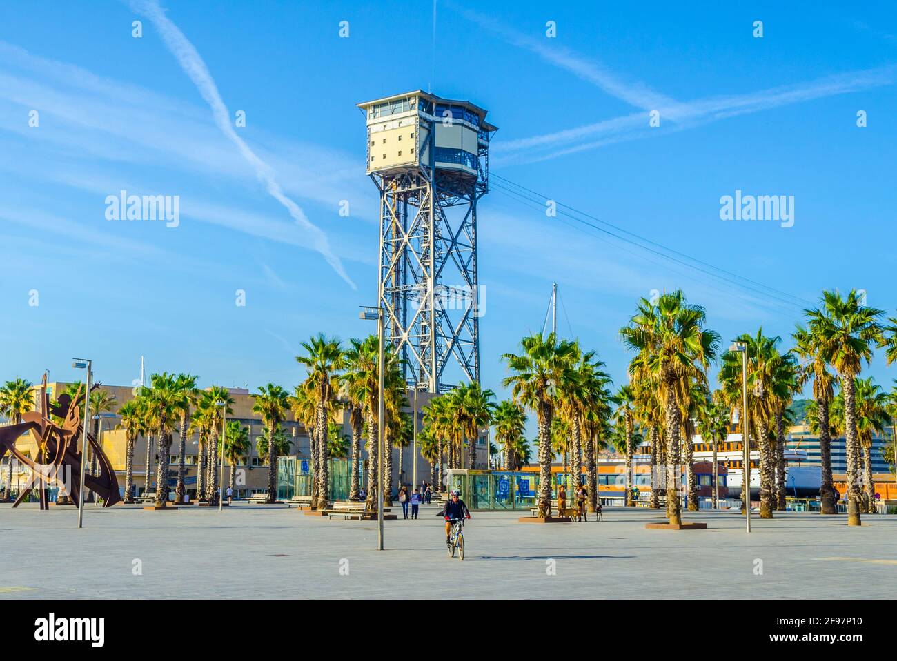 View of the cable car connecting barceloneta beach and montjuic hill in ...