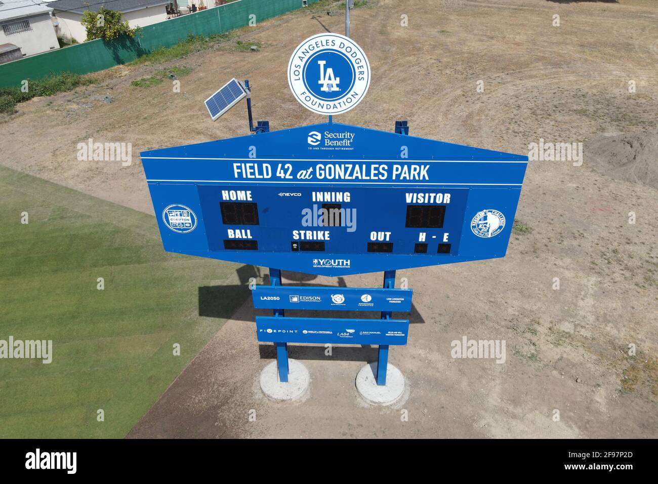 A general view of scoreboard at Field 42 at Los Angeles Dodgers Dreamfields project at Gonzales Park on Jackie Robinson Day, Thursday, April 15, 2021, Stock Photo