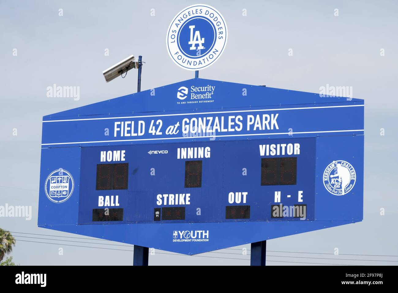 A general view of scoreboard at Field 42 at Los Angeles Dodgers Dreamfields project at Gonzales Park on Jackie Robinson Day, Thursday, April 15, 2021, Stock Photo