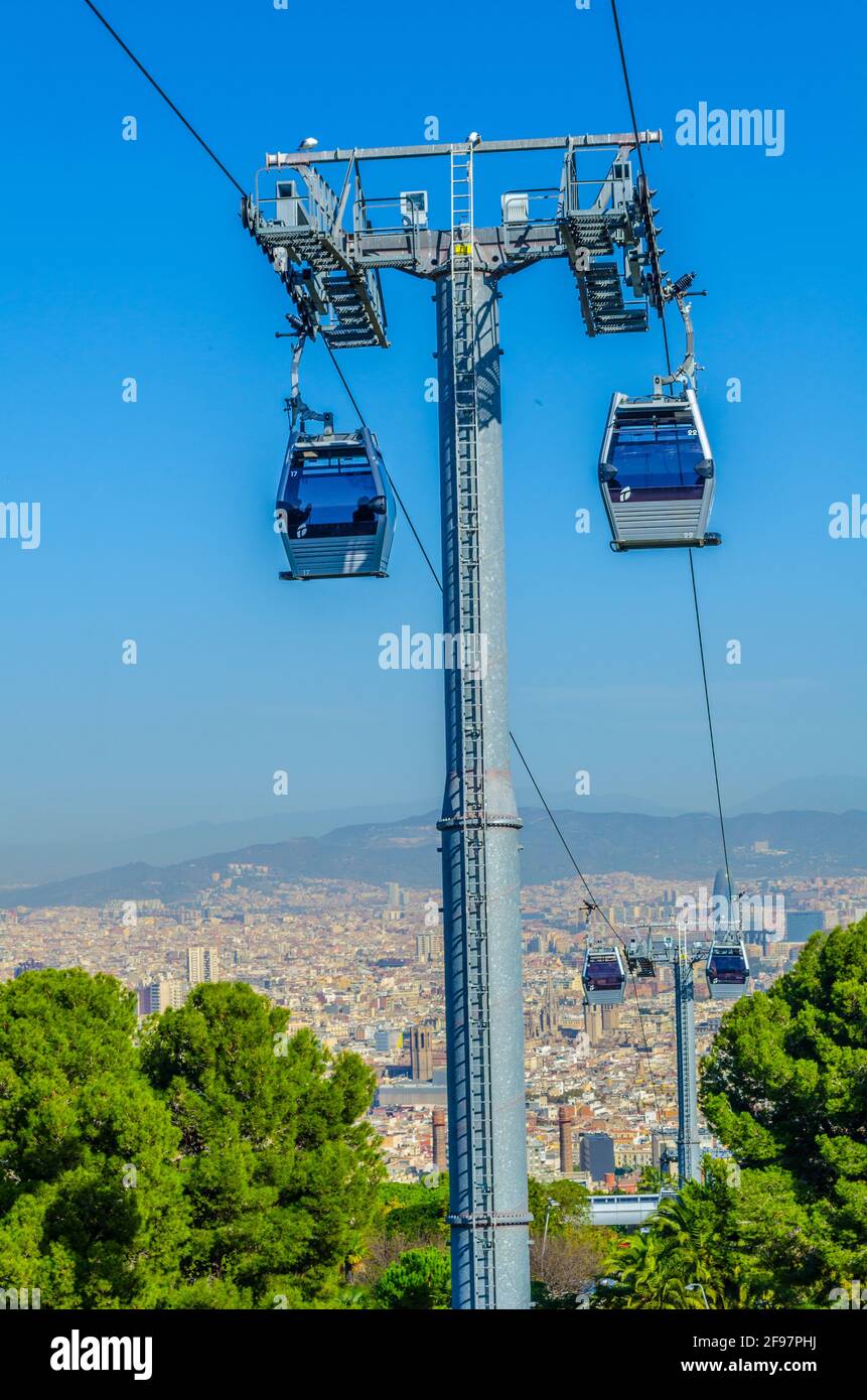 View of the cable car connecting barceloneta beach and montjuic hill in  Barcelona, Spain Stock Photo - Alamy