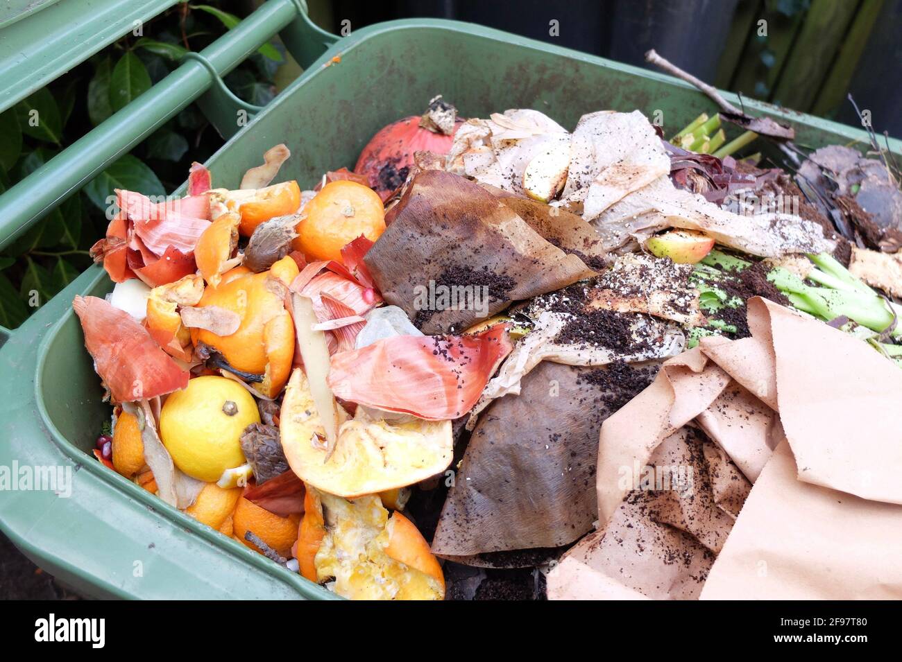 Waste from the kitchen in the organic bin Stock Photo