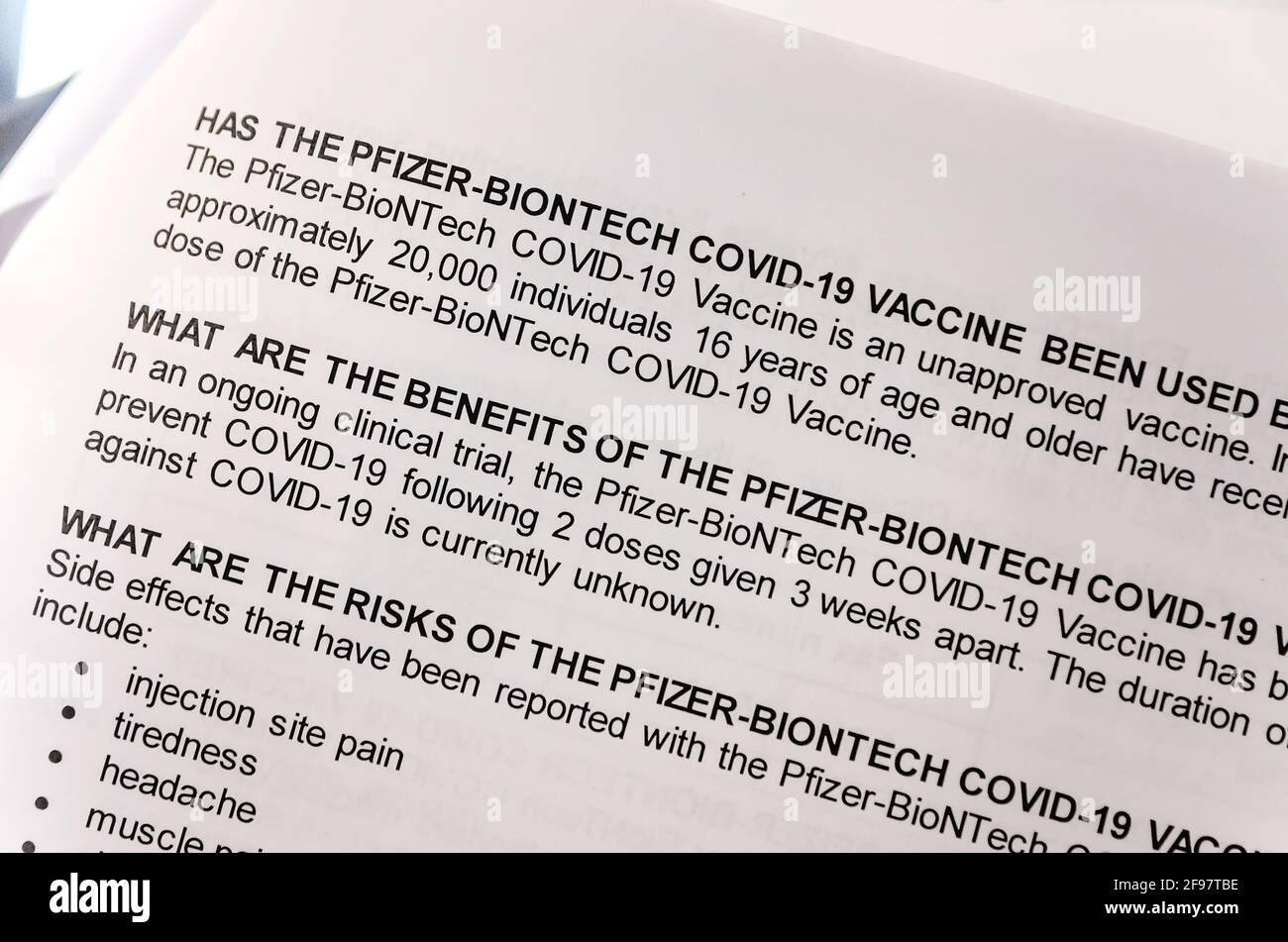 The consent form for the COVID-19 vaccine by Pfizer-BioNTech is pictured, March 19, 2021, in Mobile, Alabama. Stock Photo