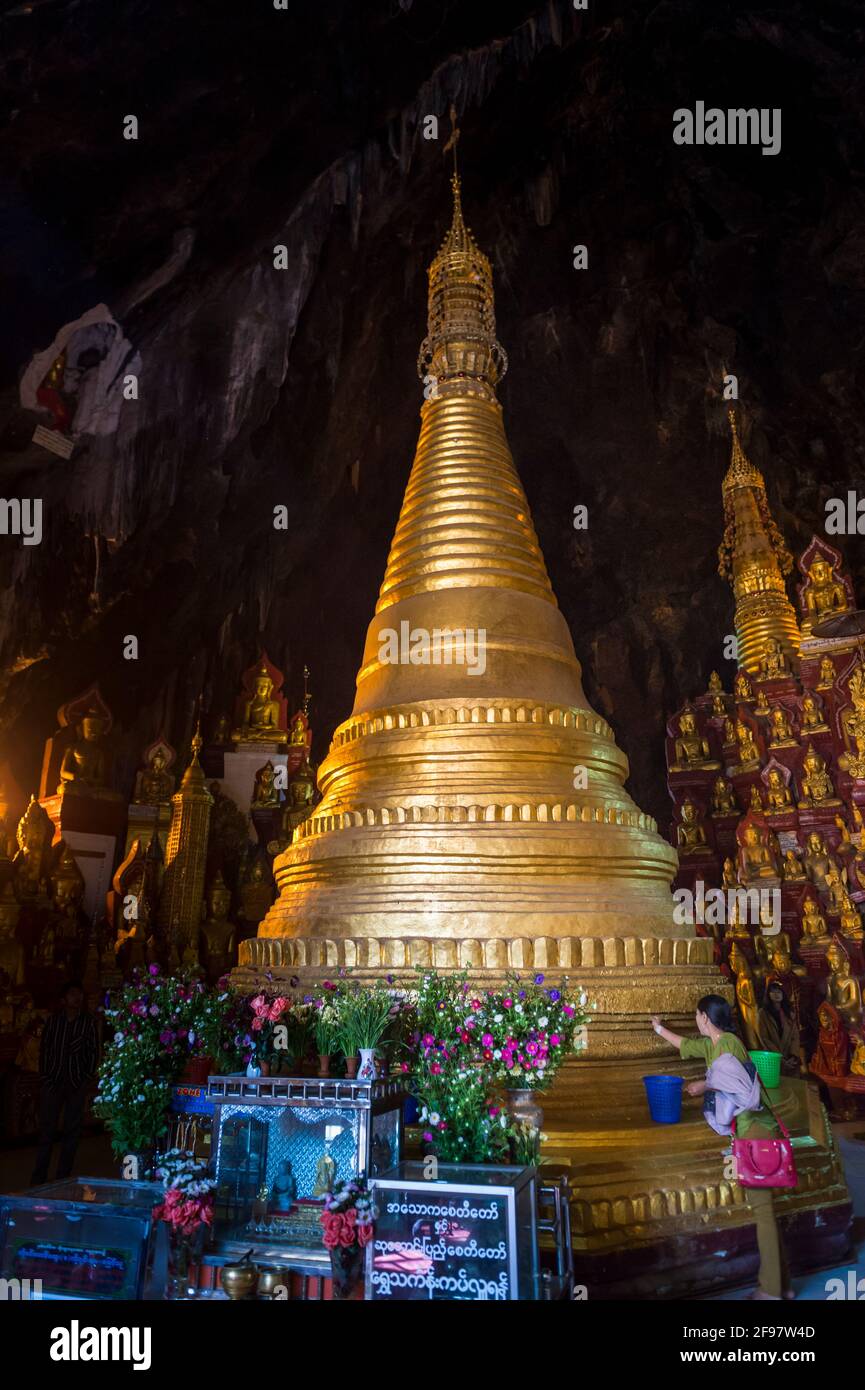 Myanmar, scenes at Inle Lake, the Pindaya Caves with the Shwe U Min Pagoda Stock Photo