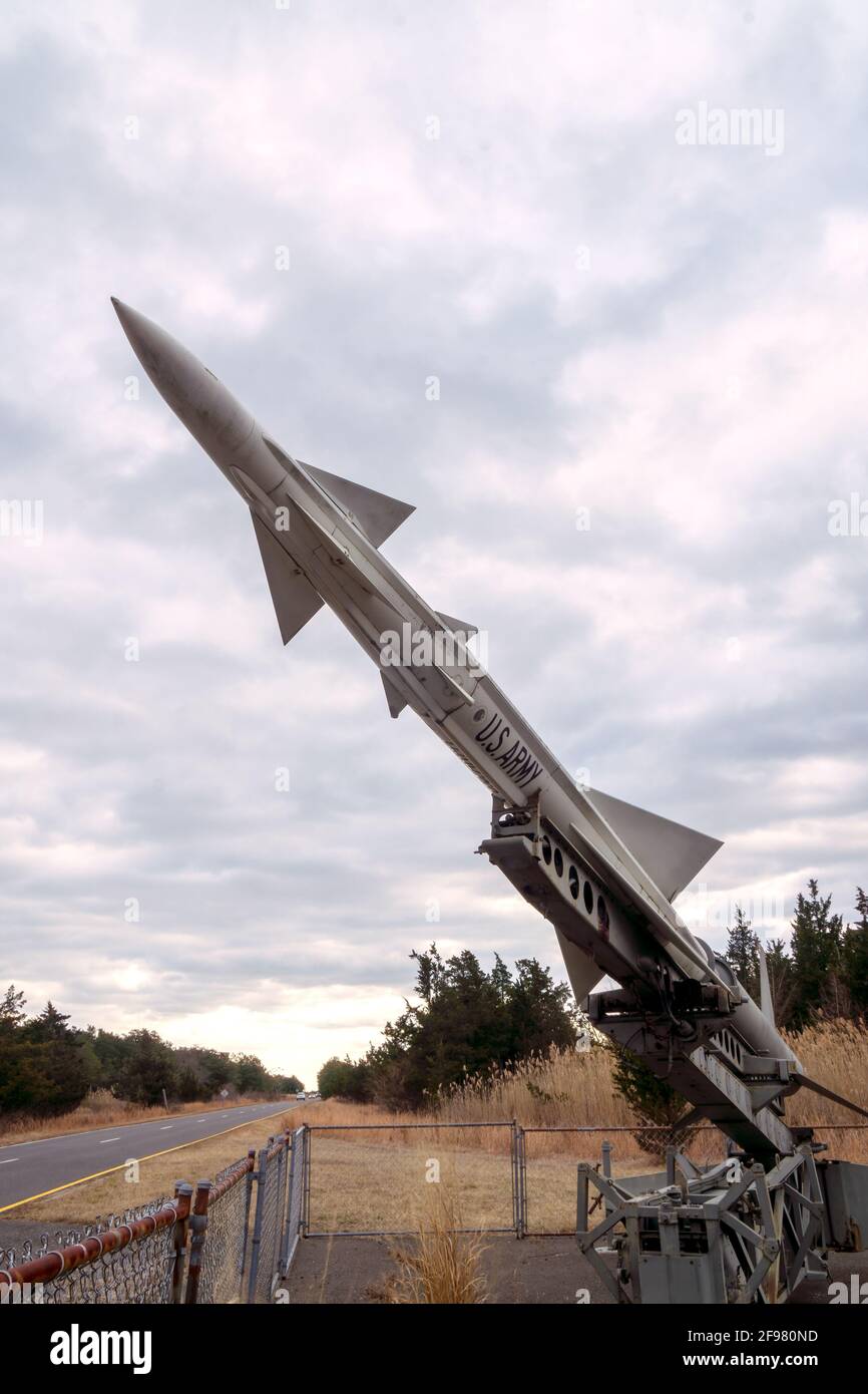 Sandy Hook, NJ - USA - Jan 17, 2021: View of a MIM-3 Nike Ajax missile located at Fort Hancock's Nike Site NY-56. Now part of Gateway National Recreat Stock Photo