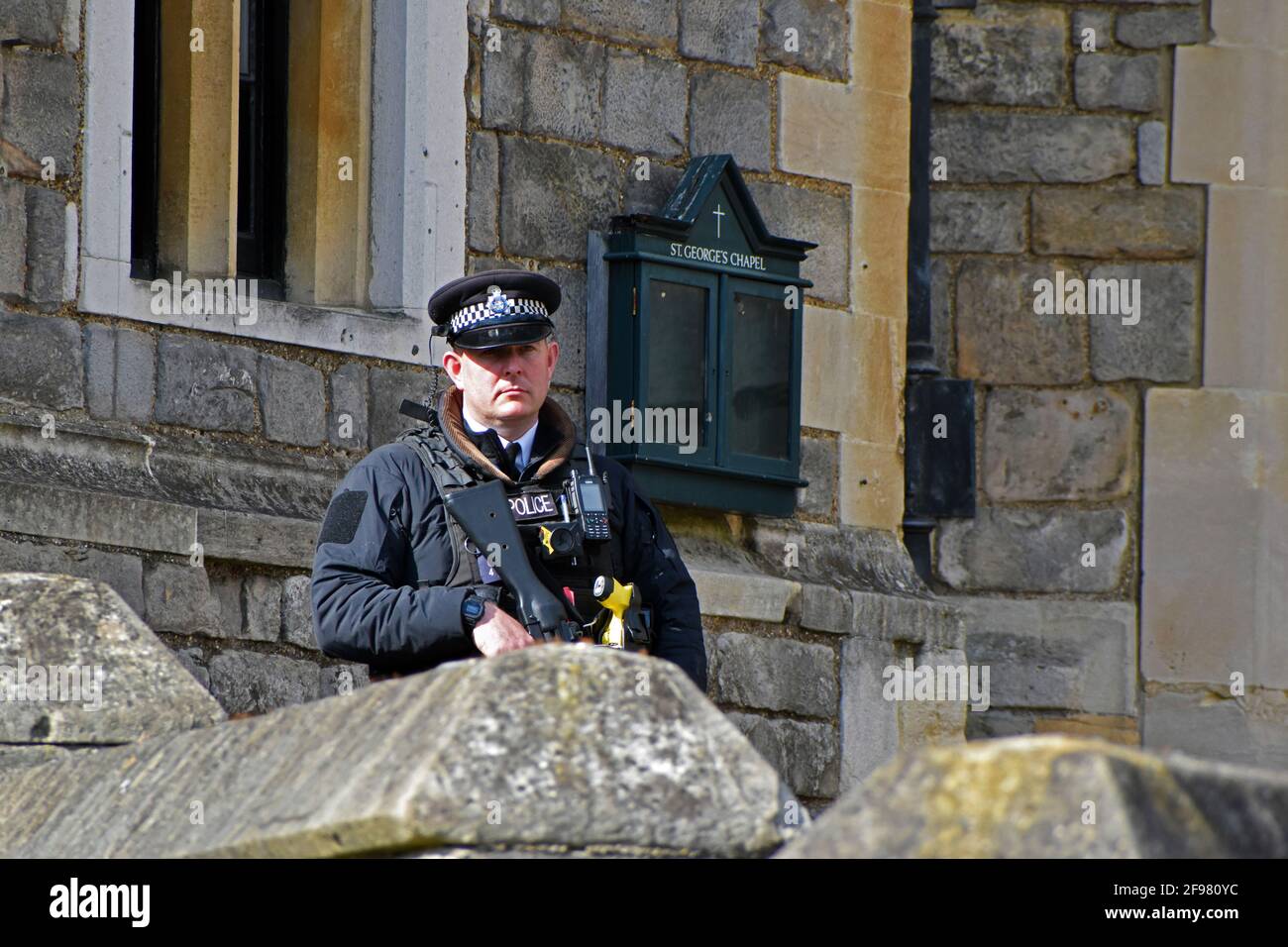 Windsor, UK. 16th Apr, 2020. Armed police at Windsor Castle. St George's Chapel protected ahead of preparations for funeral. Windsor castle busy with tourists as well as preparations for Prince Phillip, the Duke of Edinburgh funeral. Credit: JOHNNY ARMSTEAD/Alamy Live News Stock Photo