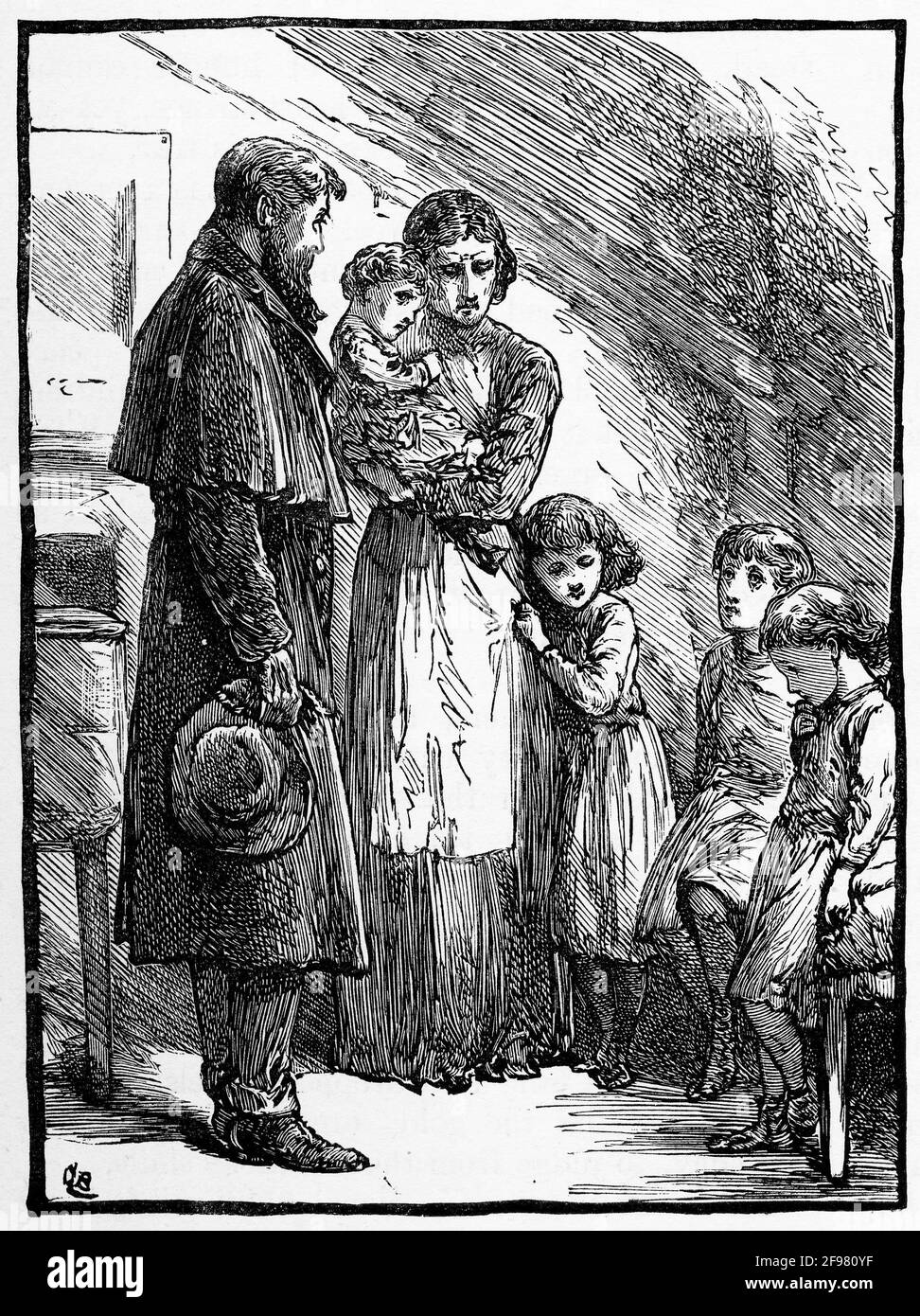 Engraving of an unhappy little family discussing the father's drinking problem in Victorian days Stock Photo