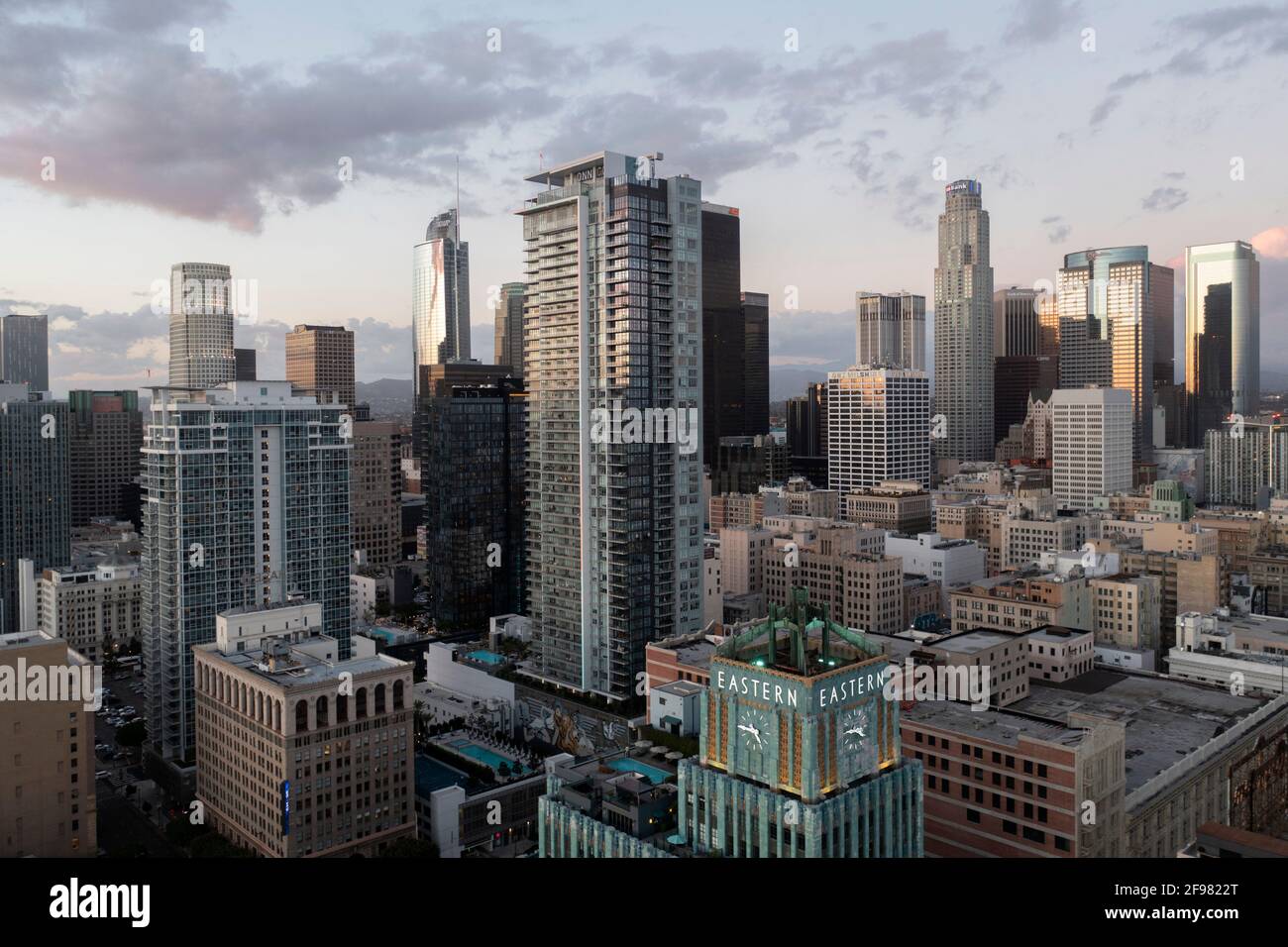Towers of downtown urban Los Angeles with landmark Eastern Building Stock Photo