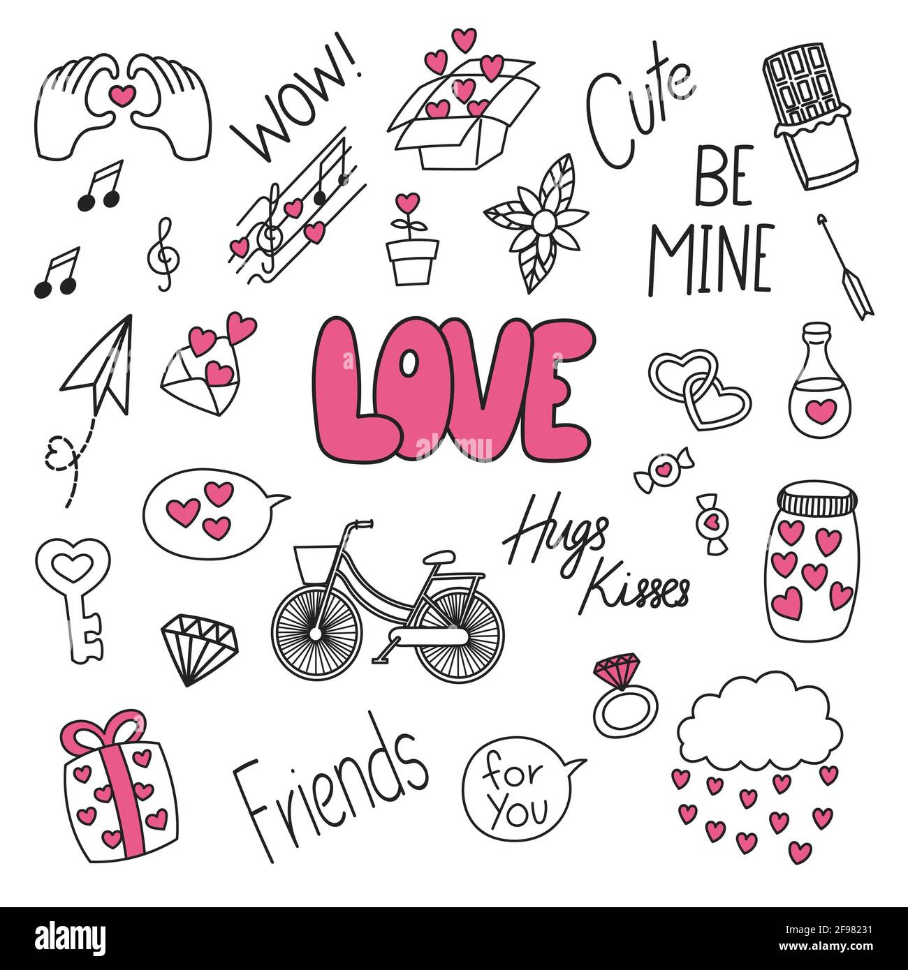Cute sticker pack with love related images and icons isolated on a